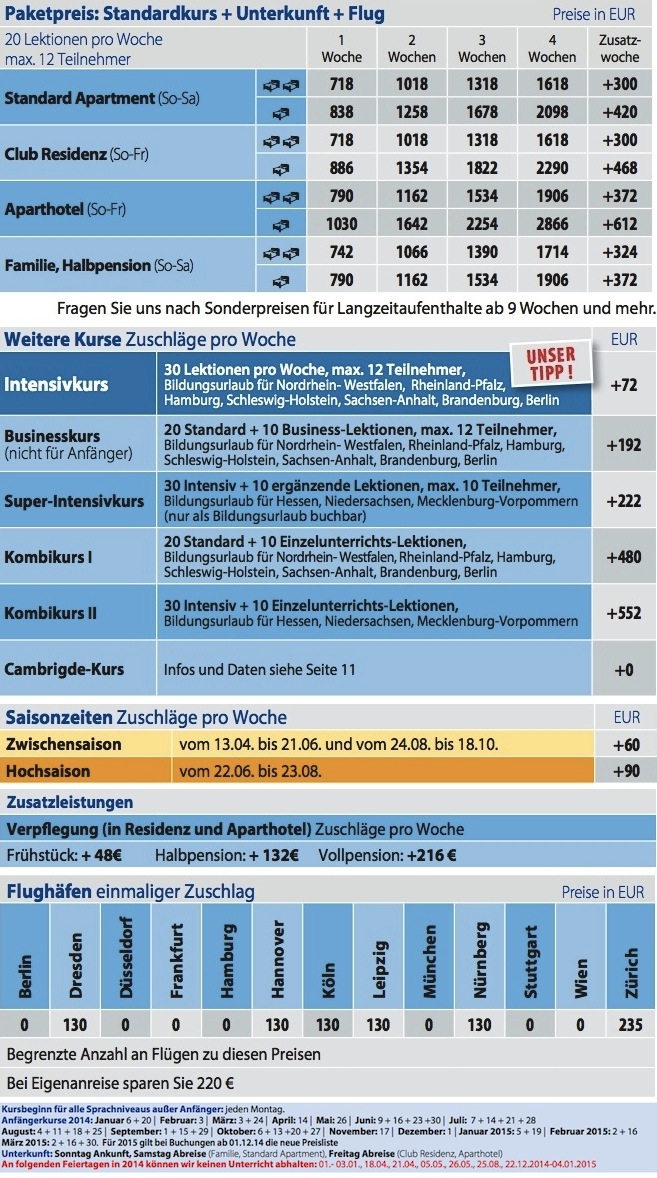 Preise 2014 Sprachreise England Brighton